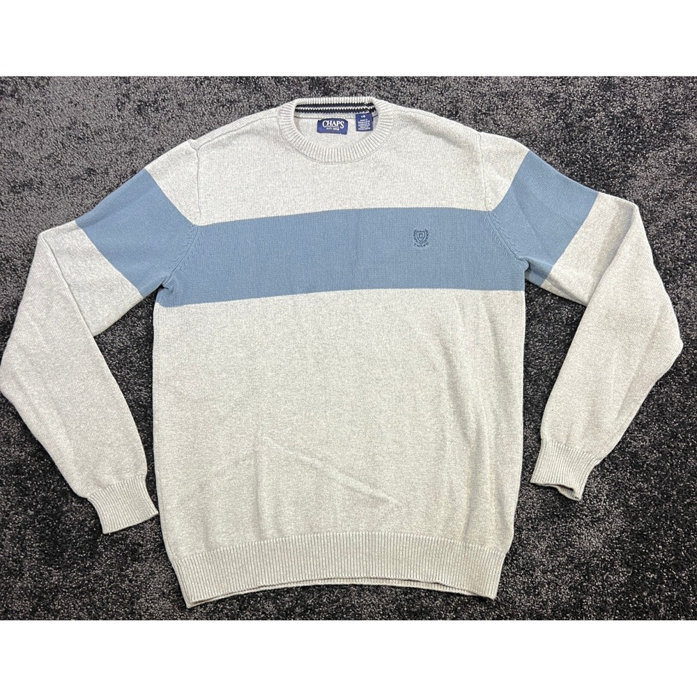 Chaps Mens Crew Neck Sweater Blue Stripe Cotton Knit Pullover Large